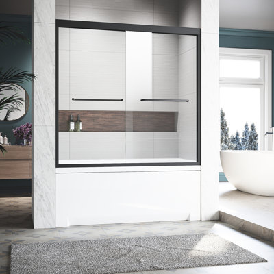 Porte de baignoire semi-matte noire 56 - 60 po X P 57 po, verre trempé transparent, poignées en acier inoxydable 304, porte en H rouille, noir, poignée