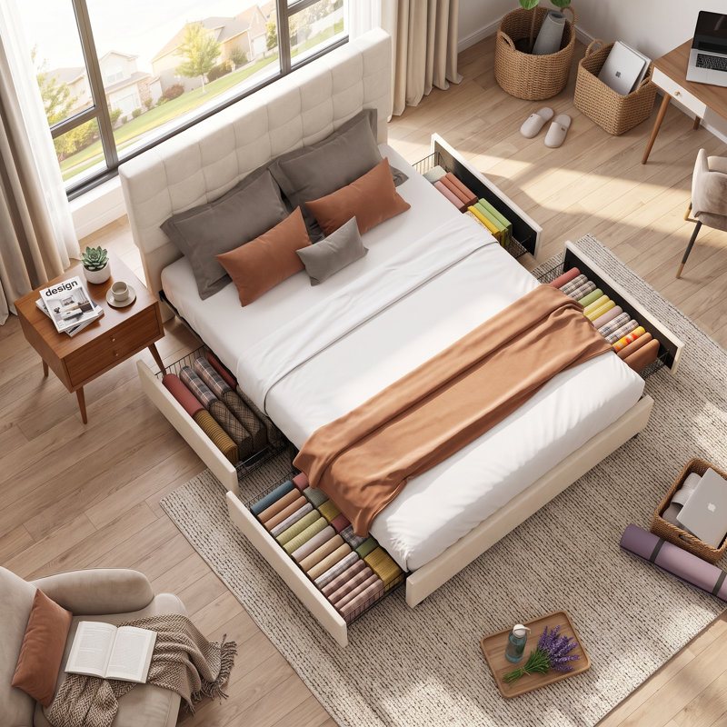 Structure de lit double avec 4 tiroirs de rangement et tête de lit tapissier, lit plateforme capitonné à canal vertical avec 12 lattes en bois - capacité de 800 lb, aucun sommier nécessaire
