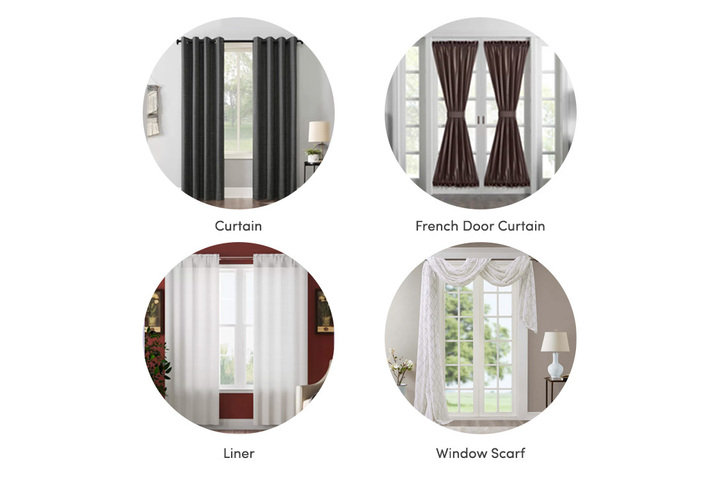 collage of the four types of curtains: curtains, french door curtains, window scarves, and liners