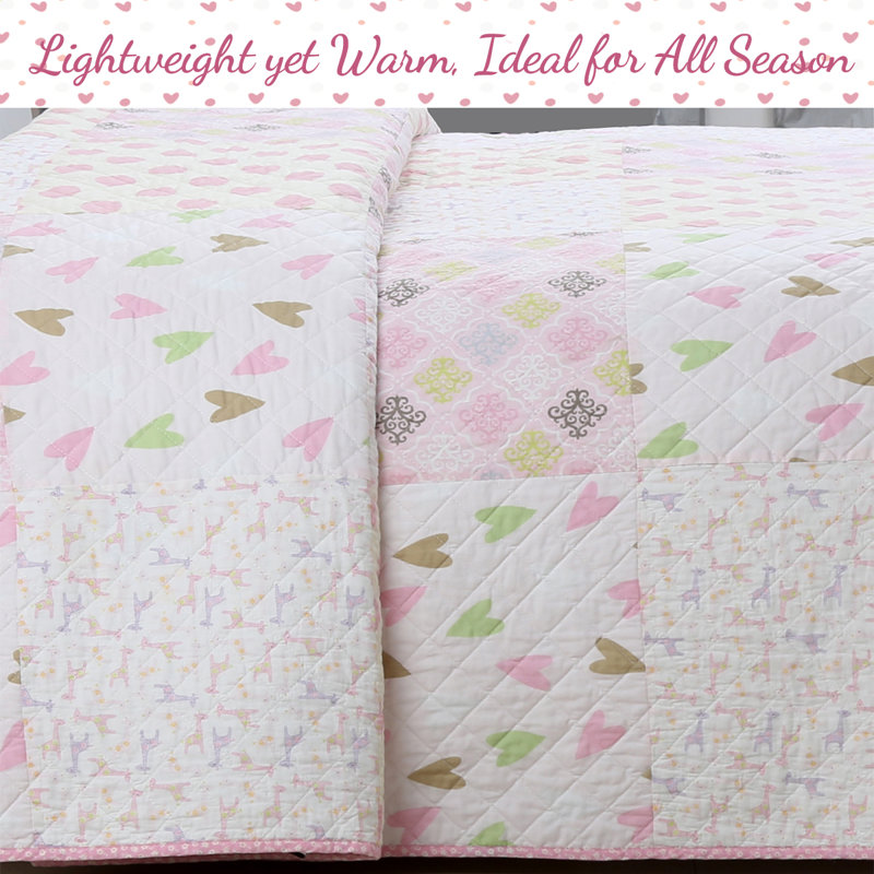 Pink Hearts and Polka Dots Cotton Twin Reversible Quilt Set