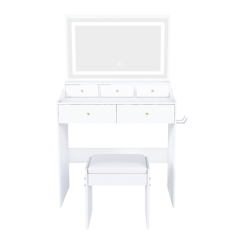 Nouveau grand bureau de meuble-lavabo à miroir pour chambre à coucher, ensemble de meuble-lavabo moderne avec prise de courant et support pour sèche-cheveux, 5 tiroirs, 3 coiffeuses réglables pour la chambre à coucher, couleur blanche