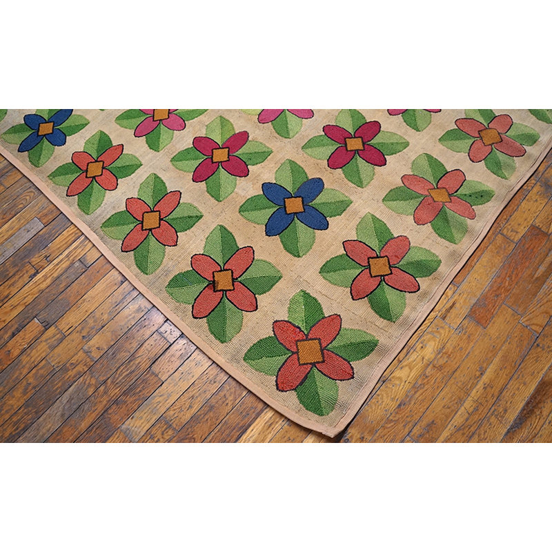 Ivory Room Size Antique Geometric Floral American Folk Art Design Hooked Rug