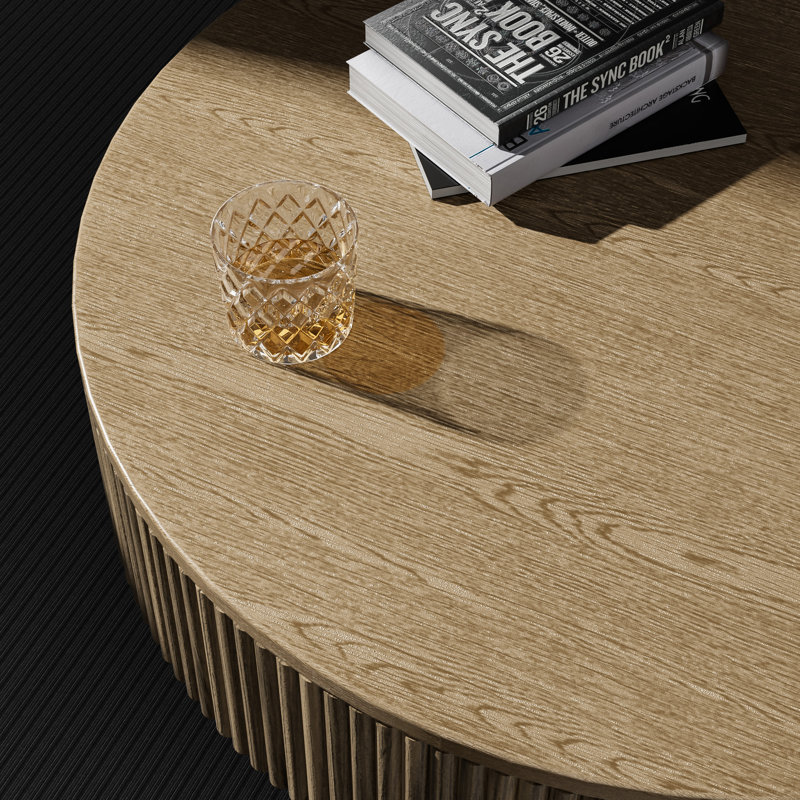35" & 31" Round Handcrafted Coffee Table – Solid Wood Fluted Design, 13.78" H x 35.04" L x 35.04" W, Natural