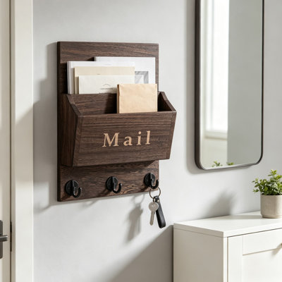 Porte-clés mural et organisateur de courrier avec fentes et crochets - Bois de paulownia véritable, rangement de hall d'entrée décoratif avec supports de trou de serrure, quincaillerie et instructions