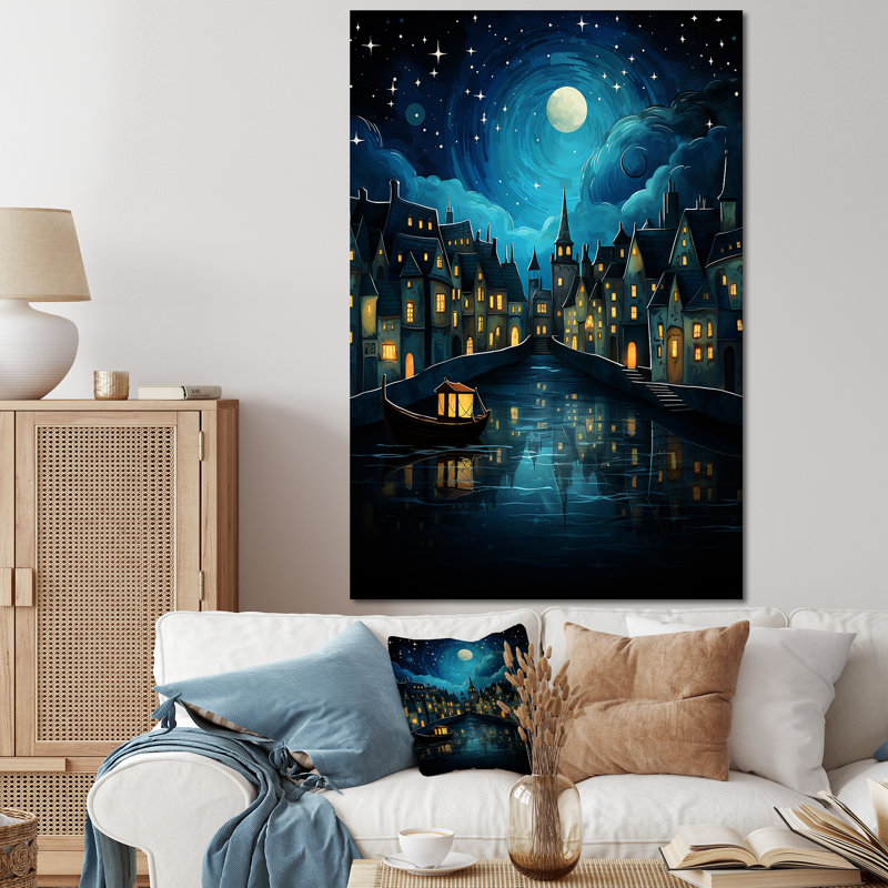 Winter Canal In City By Night - Art mural urbain, Toile tendue, H 60 po x l 40 po x P 1,5 po