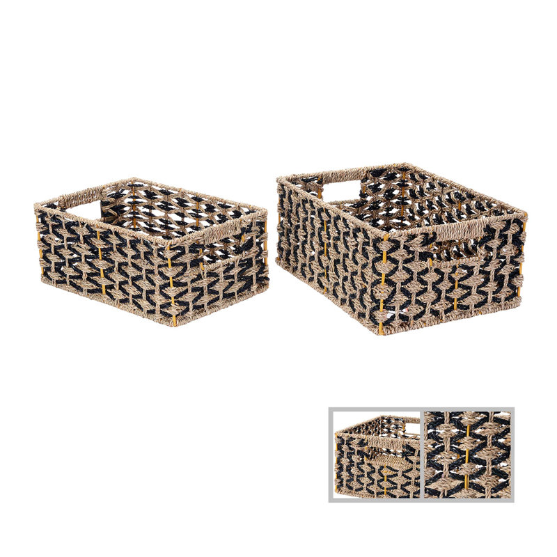 Set of 2 Black and Natural Seagrass Rectangular Storage Baskets
