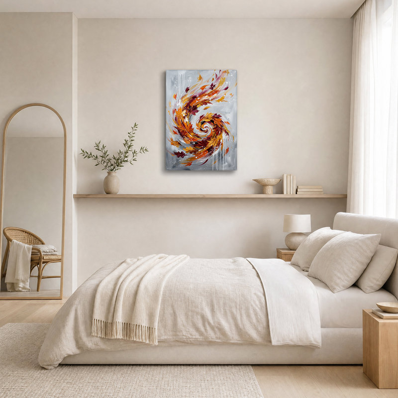 «Swirling Autumn Leaves with White Drips on Gray», art mural sur toile, H 18 po x l 12 po