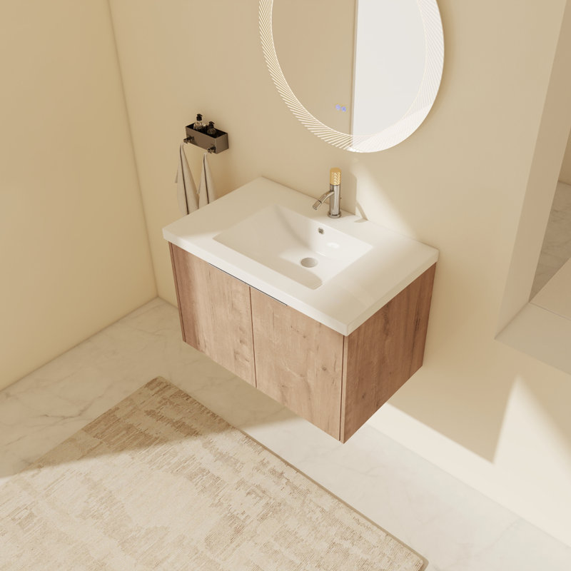 Ensemble de meuble-lavabo mural simple 29,53 po Derlin avec plateau en résine, Imitation chêne