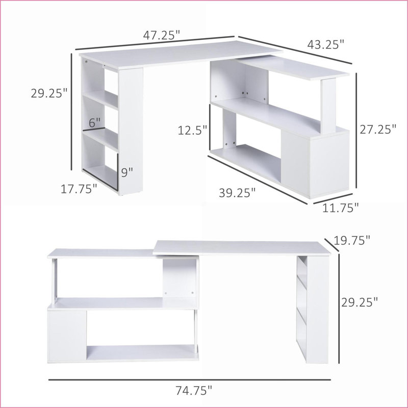Bureaux, bureau d'angle moderne en forme de L avec une rotation de 360 ° Tablettes de rangement | Blanc | Bois d'ingénierie
