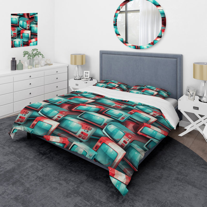 Ensemble de housse de couette rouge et cyan Popart Retro Tv, Housse de couette pour très grand lit et 2 très