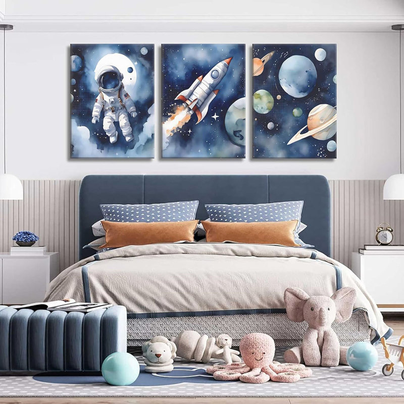 3Pcs Nursery Astronaut Wall Art Kids Space Planets Theme Canvas Painting Rocket Spaceman Wall Decor Explore Dream Galaxy Poster Prints Funny Outer Space Picture for child Bedroom Living Framed
