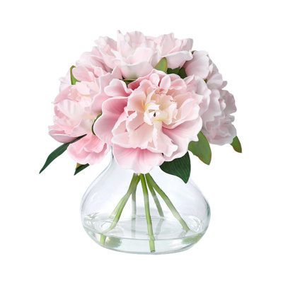 Arrangement floral réaliste en pivoine et en calla réaliste dans un vase en verre avec de l'eau artificielle - centre de table élégant et sans entretien pour la maison, la salle de bain, la tablette ou le mariage