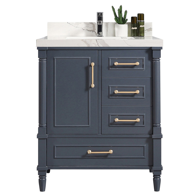 Ensemble de meuble-lavabo simple 30 po Muldoon, Calacatta, Bleu marine hâlé, Doré
