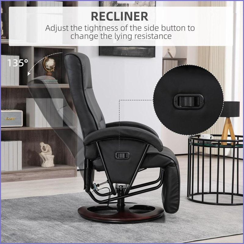 Fauteuils inclinables, fauteuil inclinable pivotant moderne avec dossier réglable à 135 ° HOMcom Repose-pieds | Noir | Polyuréthane