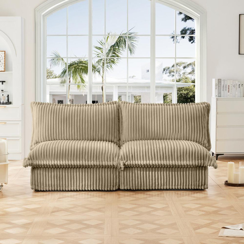 Canapé modulaire sans accoudoirs Aumiller, Crème, crème, H 34,6 po x l 109,8 po x P 33 po, Velours côtelé
