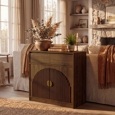 Buffet 31,5 po à 2 portes avec tablettes réglables, armoire d'appoint modulaire en bois cannelé avec poignées dorées pour le salon et la cuisine