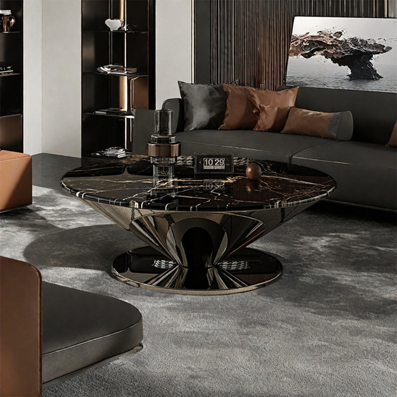Table basse ronde en acier inoxydable et marbre, H 15 po x L 31,5 po x l 31,5 po