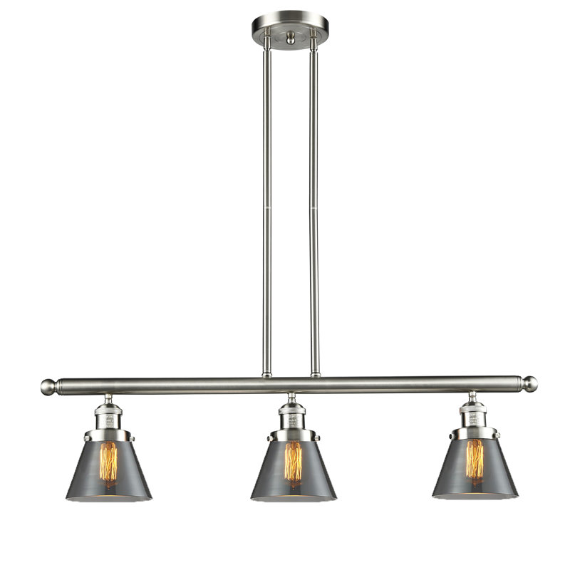 Cone 3 Light Stem Hung Island Light, Smoked, 36" H x 36" W x 8" D, Brushed Satin Nickel