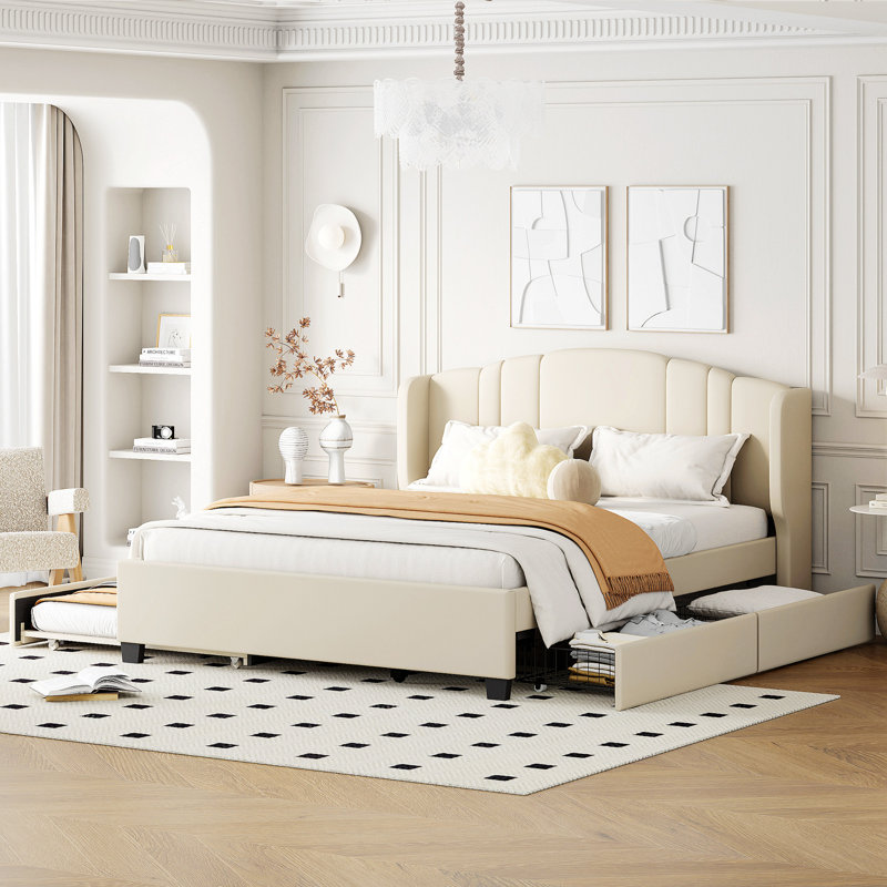 Lit plateforme tapissier à oreilles avec lit gigogne et tiroirs, Beige