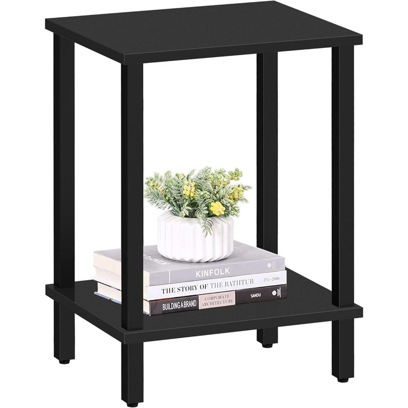 Black 2-Tier Rectangular Side Table with Storage Shelf