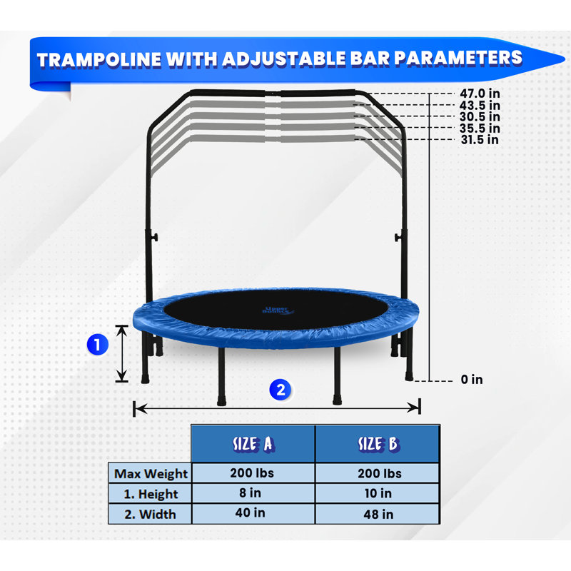 Machrus Upper Bounce Mini Trampoline-Indoor/Outdoor Trampoline, w/ Adjustable Bar and Safety Padding