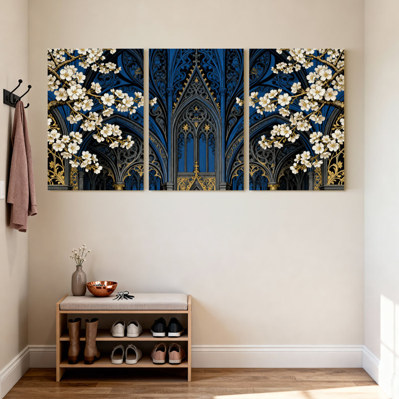Plantes et fleurs, ensemble de 3 impressions murales sur toile gothique en or bleu, H 30 po x l 20 po