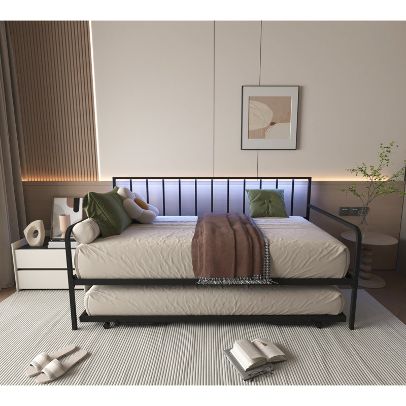 Black Adjustable Twin Daybed With Led, Power Station & Trundle, Bed For Bedroom, Living Room, Guest Room - Strong Steel Slats, Charging Trundle Lights, Height, Metal Frame Legs, Easy Assembly