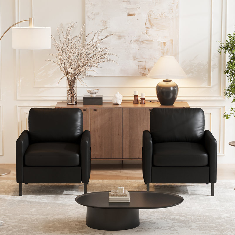 Faux Leather Accent Chair With Metal Legs & Side Pocket (Set Of 2), Black