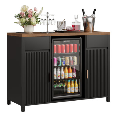 53" Fluted Coffee Bar with Charging Station & Mini Fridge Space – Fits 19.7" Fridge, Wine Storage, Buffet Sideboard with Wine Rack for Dining Room (Fr by Latitude Run