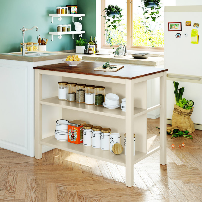 Îlot de cuisine en bois massif pour petits appartements - Blanc crème, chariot en bois d'hévéa avec plateau spacieux en noyer et blanc crème