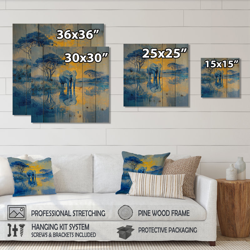 Éléphant au bord de l'eau - Éléphant, art mural en bois animal - sur bois de pin naturel, H 36 po x l 36 po x P 0,78 po