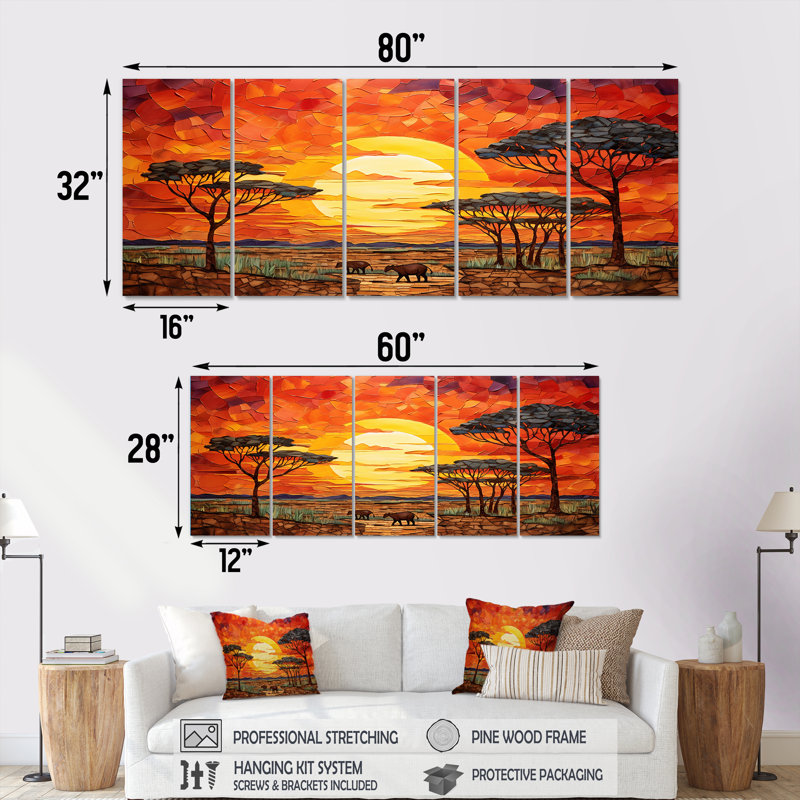 Savannah Sunset in African Safari Hues II - Boho Mosaic, art mural 5 pièces pour le salon, H 28 po x l 60 po