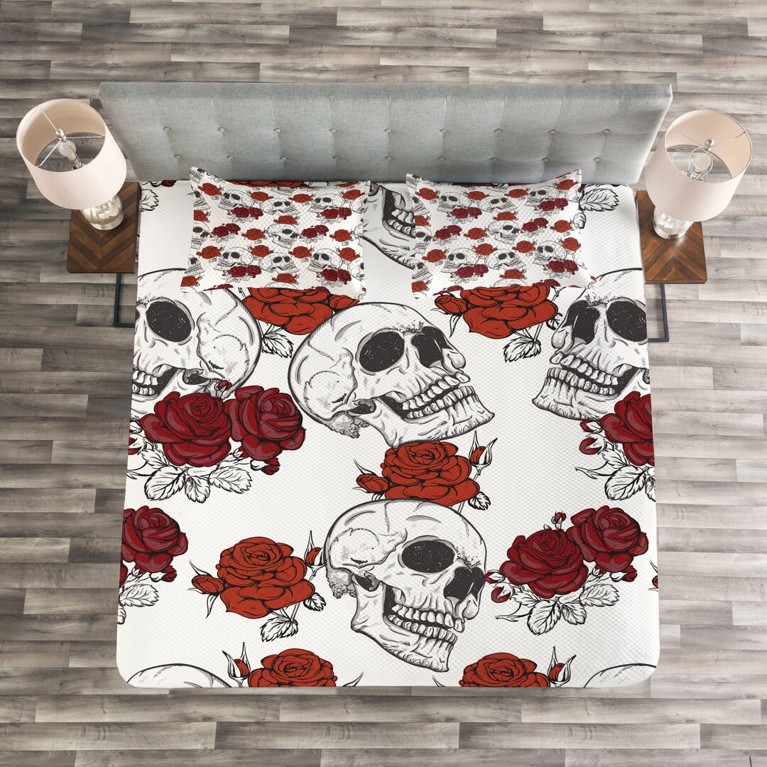 Gestepptes Bettdecken-Set, Roses Gothic Schädel, Halloween, Grau