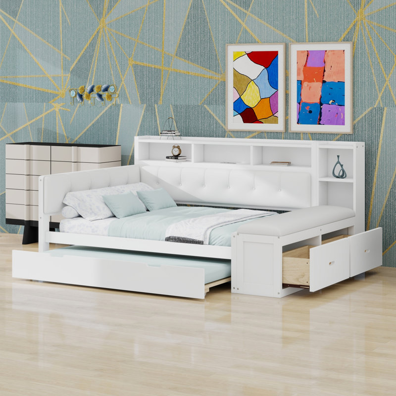Daybed with Trundle, Storage Shelves, Bench, Charging Station and Upholstered Headboard, White+Cream White Cushion