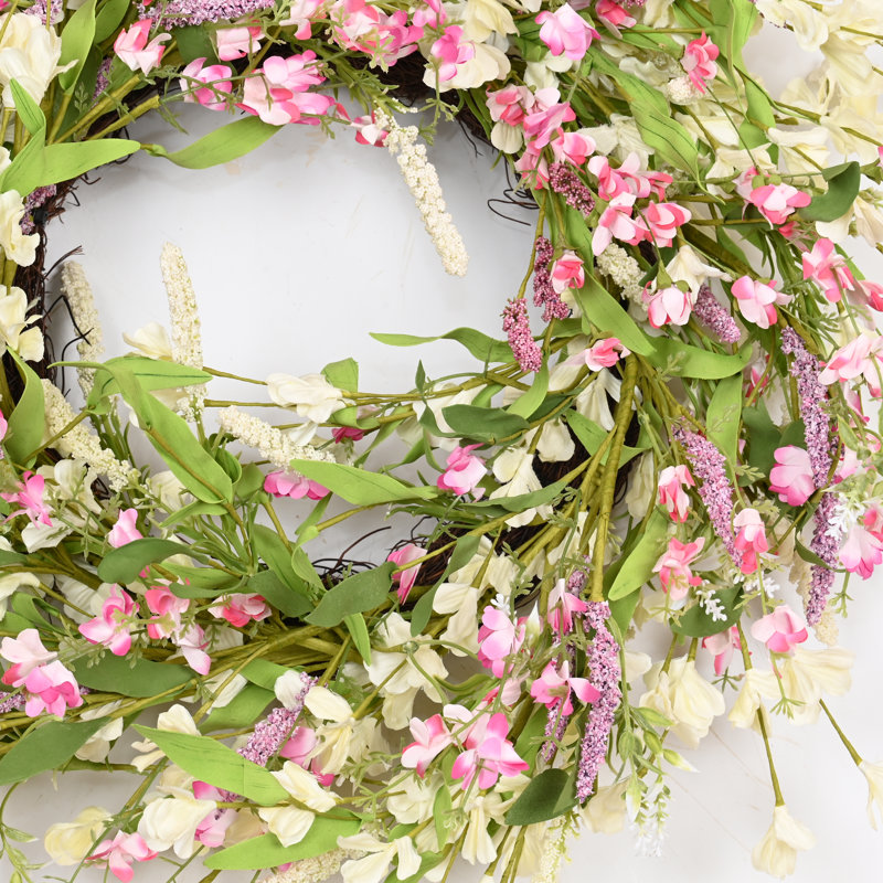 Couronne florale 22 po Forsythia, Green/Pink
