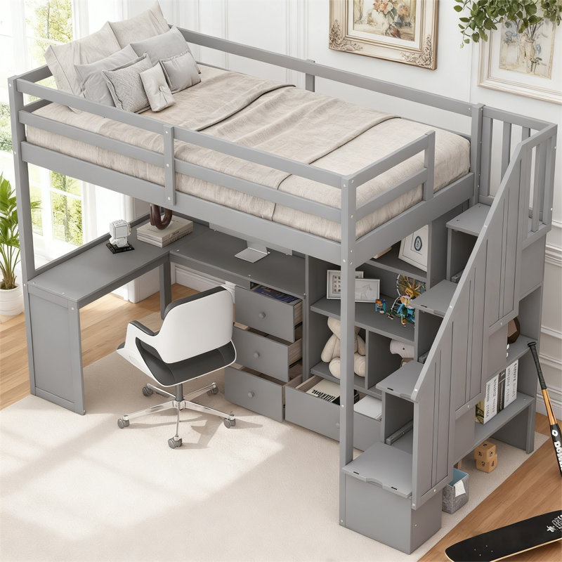 Lit mezzanine simple avec poste de travail en L de qualité supérieure et escalier de rangement, Gris