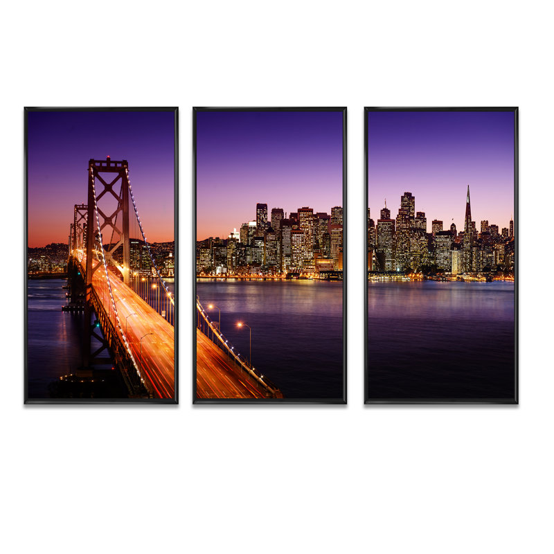 «San Francisco Skyline And Bay Bridge», ensemble de 3 toiles encadrées, Noir, noir, noir, noir, H 28 po x l 36 po