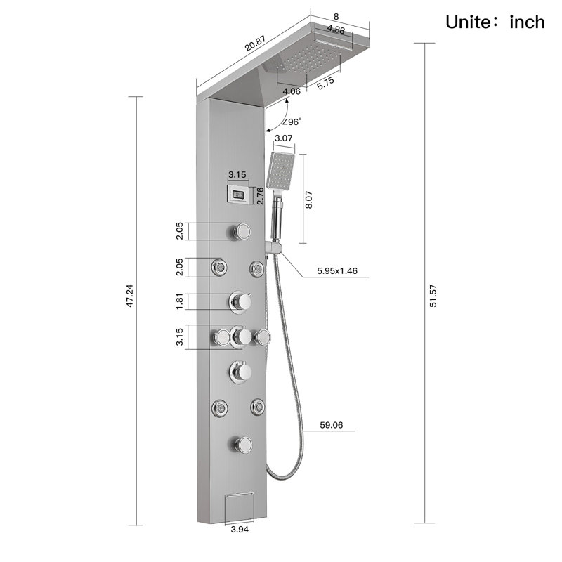 Système de douche à panneau de douche VIBRANTBATH 51,57 "avec pomme de douche réglable, Nickel chromé