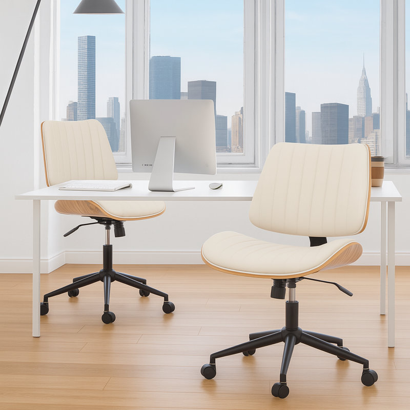Armless Walnut Bentwood & Faux Leather Swivel Office Chair with Adjustable Height and Recline, Beige