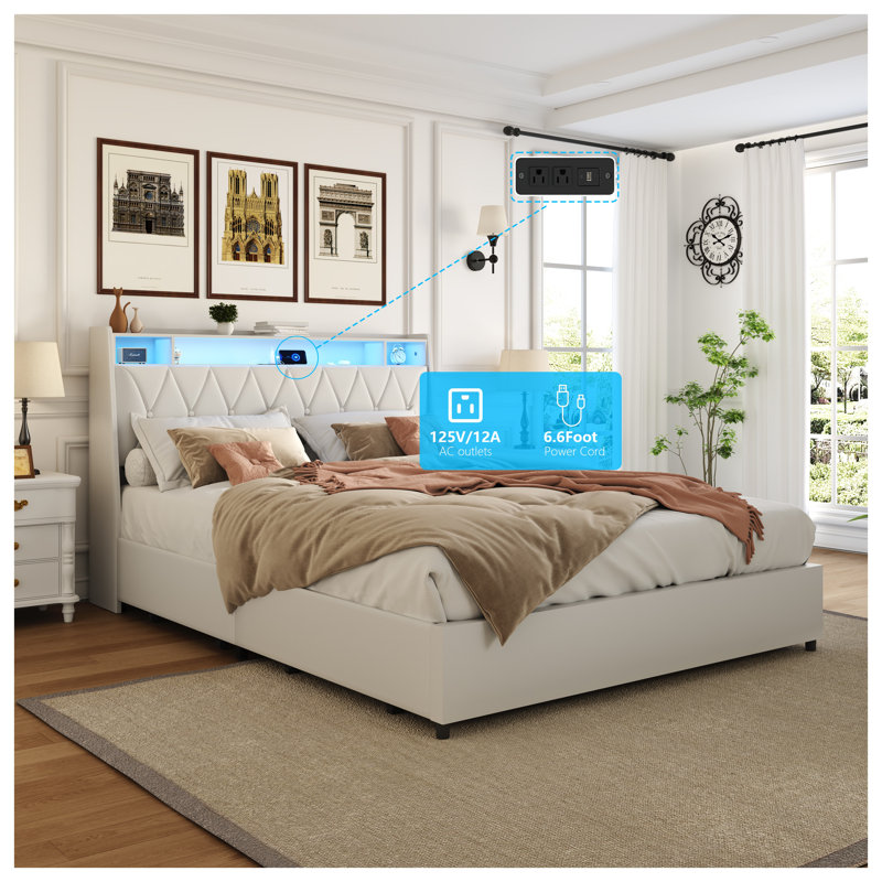 Structure de grand lit plateforme avec tête de lit ergonomique, lumières DEL et station de charge - aucun sommier nécessaire, lit de rangement en métal blanc avec revêtement en similicuir