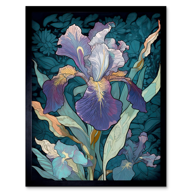 Aarabella A Single Iris Flower Bloom Purple Teal and Yellow 1 Piece Single Picture Frame Wall Art