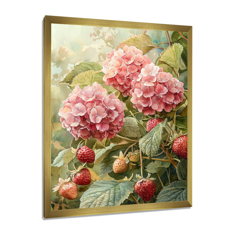 «Hydrangeas In The Strawberry Patch», impressions murales florales, H 40 po x l 30 po, Doré