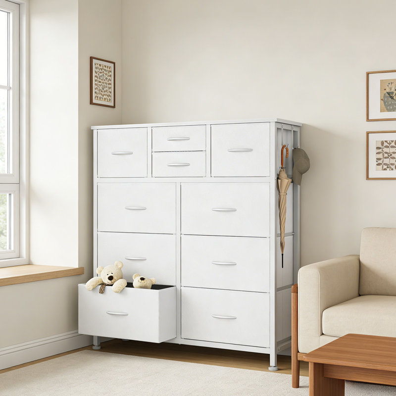 38.98"W 10-Drawer Fabric Dresser with Wood Top and Side Pockets, Storage Chest, White