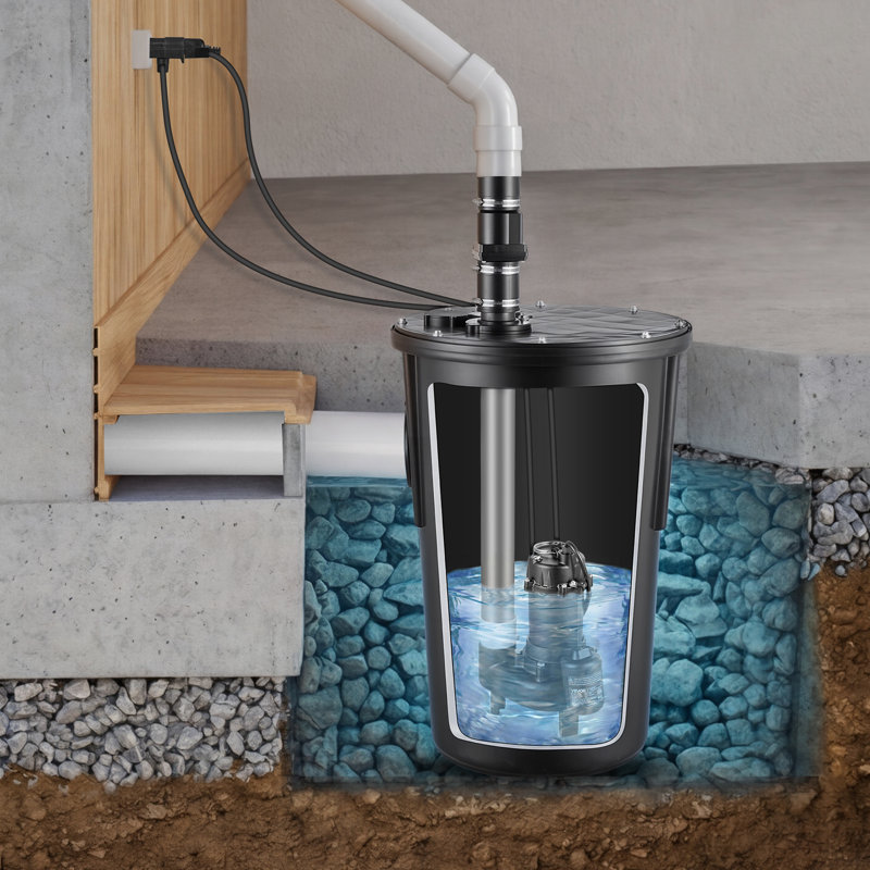 Système de pompe d'égout, 1/2 HP, pompe d'égout en fonte 4800 GPH avec ensemble de bassin, 120 volts, système automatique de collecte et d'évacuation automatique de l'eau et des infiltrations avec interrupteur à flotteur, décharge de 2 po, noir