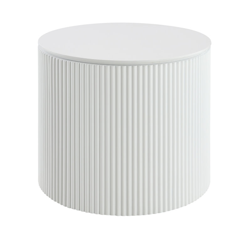 Table de bout ronde moderne en blanc brillant avec base cylindrique cannelée