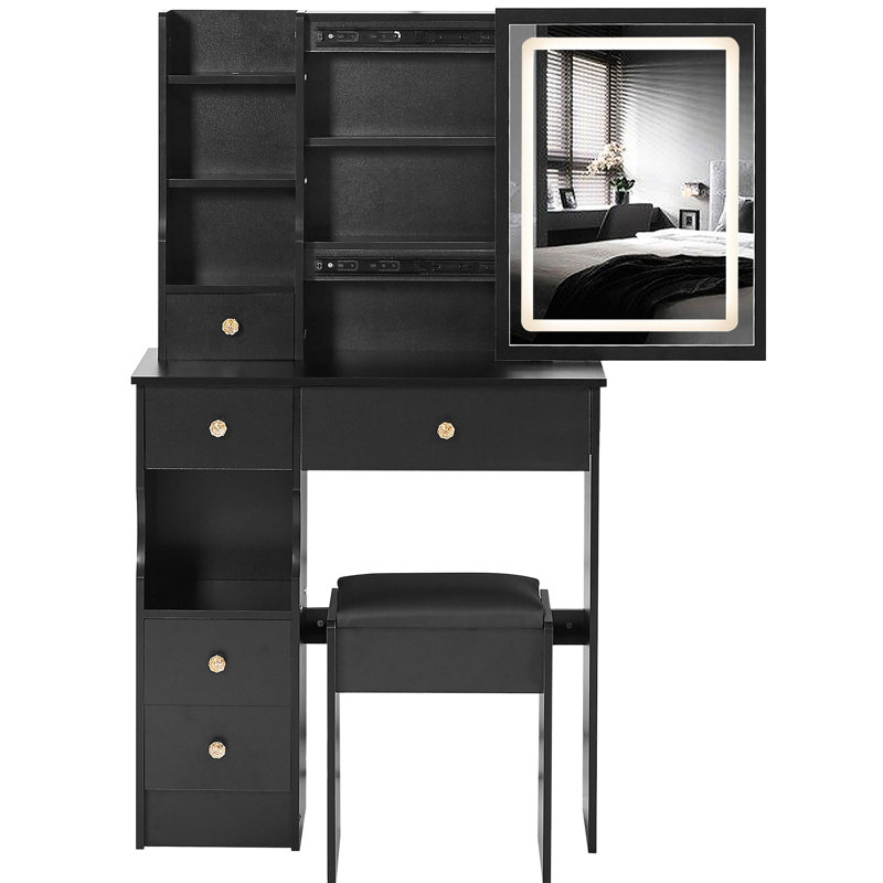 Small Space - Compatible Left Drawer Vanity Table With Cushioned Stool And Tri Color Led Mirror For Cozy Residential Quarters Desktop Stool, Touch Operated Brightness Adjustable Scale Sleeping Areas