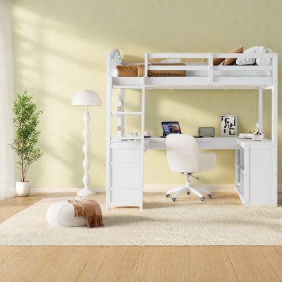 Lit mezzanine double avec bureau de rangement, chambre à coucher moderne en bois aggloméré blanc