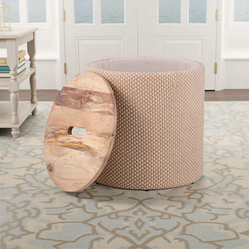 Elegant Beige 16" Round Storage Ottoman with Hidden Compartment, Tan, Jute