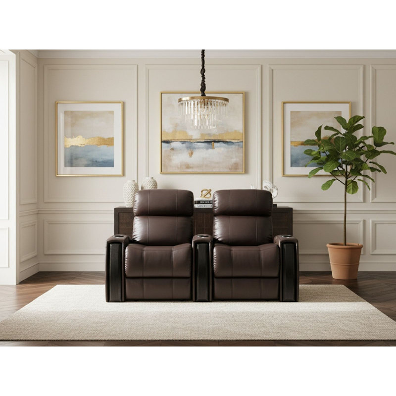 Siège de cinéma en cuir véritable avec porte-gobelet de 70,5 po de large Chimon, Cuir véritable espresso luxueux