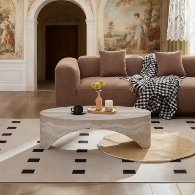 43.31" Modern Arched Coffee Table In Faux Marble, Luxury Fiberglass Accent Table, Stone Bridge Oval Coffee Table, Aesthetic Center Table For Living Room
